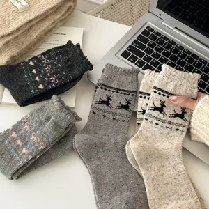 Women Winter Nordic Fair Isle Fawn Bow Mid Tube Wool Blend Socks Retro Cute Heart Graphic Casual Warm Crew Socks