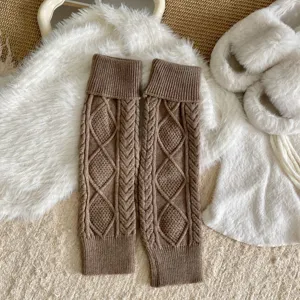 Calentadores de piernas de punto marrón para mujer, calcetines altos de invierno cálidos.
