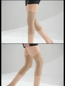 Close-up detail of elastic breathable knee sleeves worn on legs for joint support and warmth.