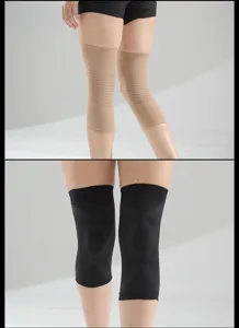 Knee compression sleeve detail showing elastic breathable knit fabric texture and ergonomic fit.
