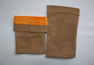 Thick thermal fleece knee sleeves detail shot, warm knitted leg support for joint pain relief.