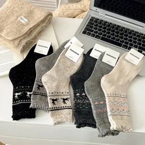 Autumn winter Nordic deer wool socks cute heart bow mid tube color block thermal socks
