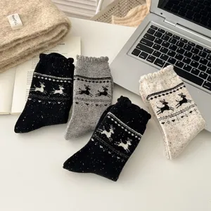 Autumn winter Nordic style Fair Isle deer wool socks warm cozy mid tube casual socks for women