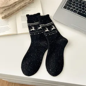 Nordic style winter woolen socks featuring cute deer pattern, warm and cozy mid-tube design.