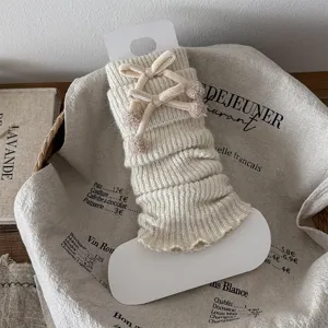 Women knit leg warmers winter warm slouch socks with cute bows and pom poms cozy style main item