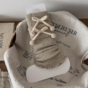 Knit leg warmers for women winter warm wool boots cuffs with cute bows and pom poms cozy.