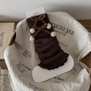 Brown knitted leg warmers for women winter cute bow fluffy pom pom warm fleece sock covers