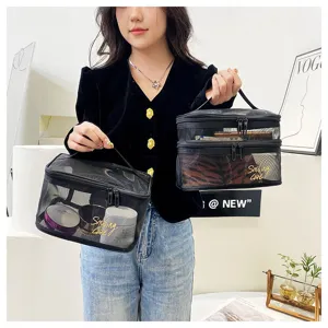 Portable mesh travel cosmetic bag, large capacity transparent double-layer zipper toiletry organizer.