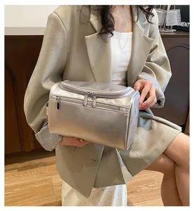 Large capacity metallic silver PU leather cosmetic bag portable travel toiletry organizer