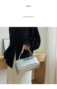Silver leather cosmetic bag detail, portable makeup storage pouch and wash bag view.