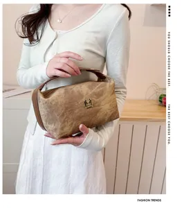 Vintage PU denim cosmetic bag large capacity handbag retro travel storage wash bag detail