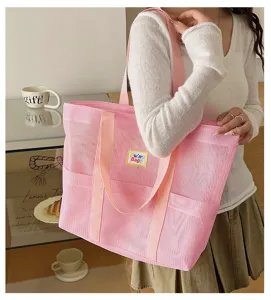 Pink mesh tote bag large capacity casual shoulder bag daily travel bag student handbag