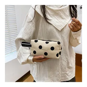 Canvas polka dot makeup bag portable cosmetic storage toiletry pouch for women daily use