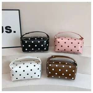 Black and white polka dot makeup bag, portable minimalist PU leather cosmetic storage pouch.