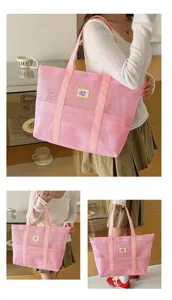 Pink mesh tote bag large beach shoulder bag portable travel cosmetic storage bag stylish