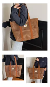 Large capacity corduroy shoulder bag, casual tote handbag with front pocket for daily travel.