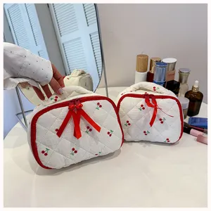 Cute quilted cherry cosmetic bag portable travel makeup pouch large capacity toiletry case