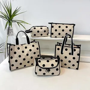 Large Capacity Polka Dot Cosmetic Bag Canvas Portable Toiletry Bag Zipper Makeup Storage Bag For Women Travel