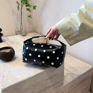 Black and white polka dot PU leather cosmetic bag handheld toiletry makeup storage pouch
