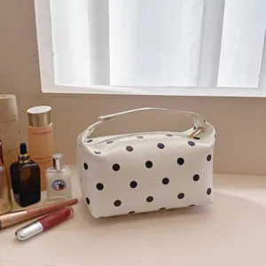 White black polka dot cosmetic bag with top handle, PU leather makeup organizer storage