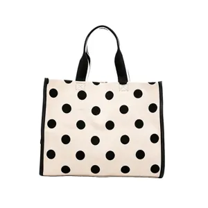 Stylish polka dot canvas tote bag large capacity aesthetic makeup pouch daily travel handbag.