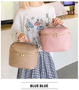 PU woven cosmetic bag large capacity makeup storage pouch travel portable toiletry organizer