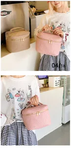 PU woven cosmetic bag large capacity travel makeup organizer with handle and zipper.