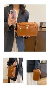 Brown PU leather cosmetic bag large capacity portable toiletry organizer for travel