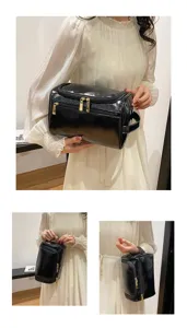 Black PU leather cosmetic bag detail, large capacity portable toiletry bag with metal zippers.