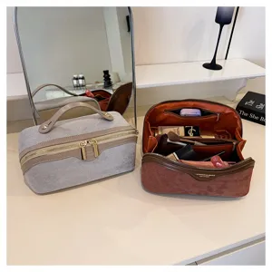 Large capacity cosmetic bag with double layers, portable velvet makeup organizer for women.