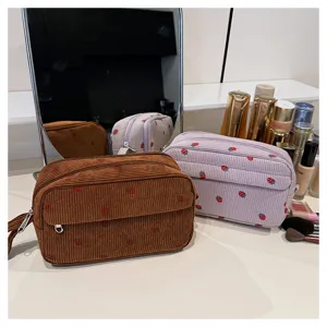 Corduroy strawberry cosmetic bag, portable travel makeup pouch, large capacity wash bag.