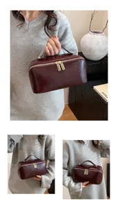 Large capacity PU leather cosmetic bag wine red travel makeup organizer waterproof toiletry bag