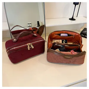 Large capacity velvet cosmetic bag, double layer portable makeup pouch and toiletry organizer.