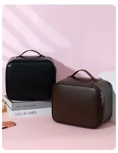 Detail view of large capacity black and brown cosmetic storage bags on a pink table.