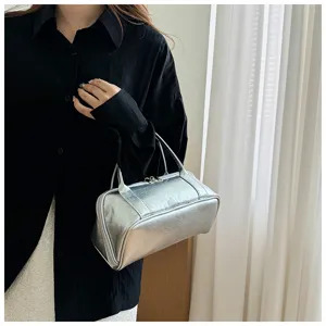 Silver leather cosmetic bag, portable handbag makeup storage pouch, stylish toiletry bag