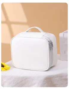 Detalle de primer plano del neceser blanco portátil con cremalleras dobles suaves.