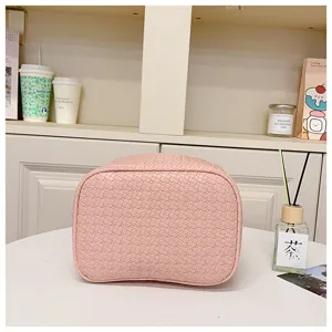 Pink PU woven cosmetic bag large capacity makeup storage pouch detail view showcase