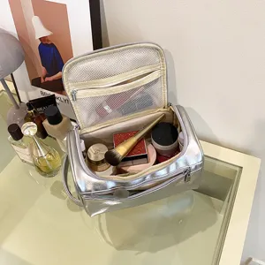 Silver PU leather makeup bag large capacity travel cosmetic organizer portable toiletry pouch