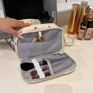 Corduroy strawberry cosmetic bag large capacity portable travel makeup organizer wash bag