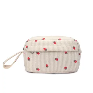 Cute corduroy strawberry cosmetic bag with handheld strap, large capacity portable travel pouch.