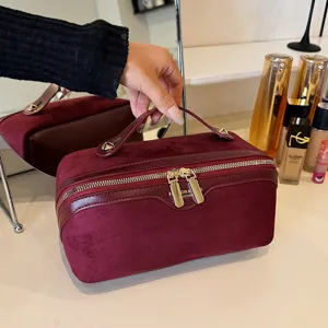 Large capacity velvet cosmetic bag for women, stylish pillow makeup pouch and travel toiletry bag.