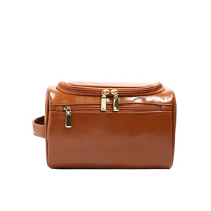 Large capacity PU leather cosmetic bag, portable travel toiletry organizer with zippers.