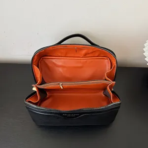 Large capacity black velvet cosmetic bag with orange interior for women daily travel storage.