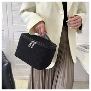 Black woven cosmetic bag large capacity portable toiletry pouch for women travel makeup organizer