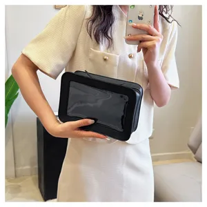 Tragbare schwarze Kosmetiktasche mit Sichtfenster, große Make-up Aufbewahrungasche für Reise.