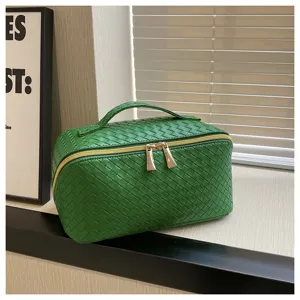 Groene geweven cosmetische tas met gouden ritsen, grote draagbare make-up opbergtas voor dames.