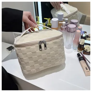 Beige checkered cosmetic bag, large capacity portable makeup pouch with double zippers for travel.