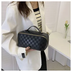 Large capacity black checkered cosmetic bag portable travel toiletry storage organizer.
