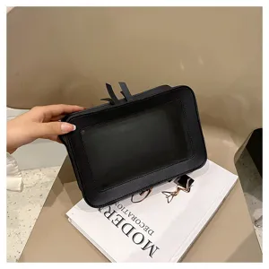 Schwarze rechteckige Kosmetiktasche mit Sichtfenster, tragbare Make-up-Tasche mit Reißverschluss.
