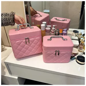 Pink quilted makeup case portable travel cosmetic organizer storage box for daily use